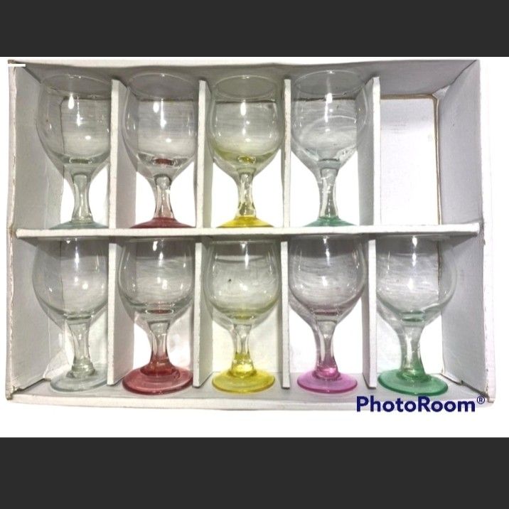 7-Piece Mini Cognac / Goblet Glass Set (4oz) - Colored Base (Category: Other Kitchenware & Tableware) located in Antipolo. Submitted by rielapreloved (Listing ID 1468264874, Image 3). Description: Up for grabs is a charming 7-piece mini cognac / goblet glass set with fun, colorful tinted bases. For serving dessert wines, shots, cocktails, or as an addition to your home bar setup. ​✨ Key Details & Features: ​Capacity: 4 oz per glass ​Design: Clear