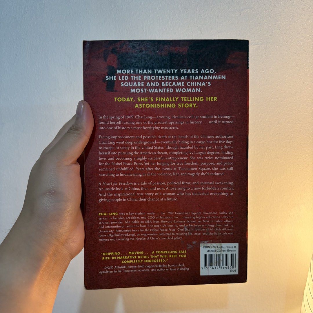 A Heart for Freedom by Chai Ling (Category: Storybooks) located in Manila. Submitted by ajdeclutter (Listing ID 1468190223, Image 3). Description: - Title: A Heart for Freedom by Chai Ling - Description: Compelling memoir detailing her leadership during the 1989 Tiananmen Square protests and her dramatic escape to the United States - Format: Paperback .