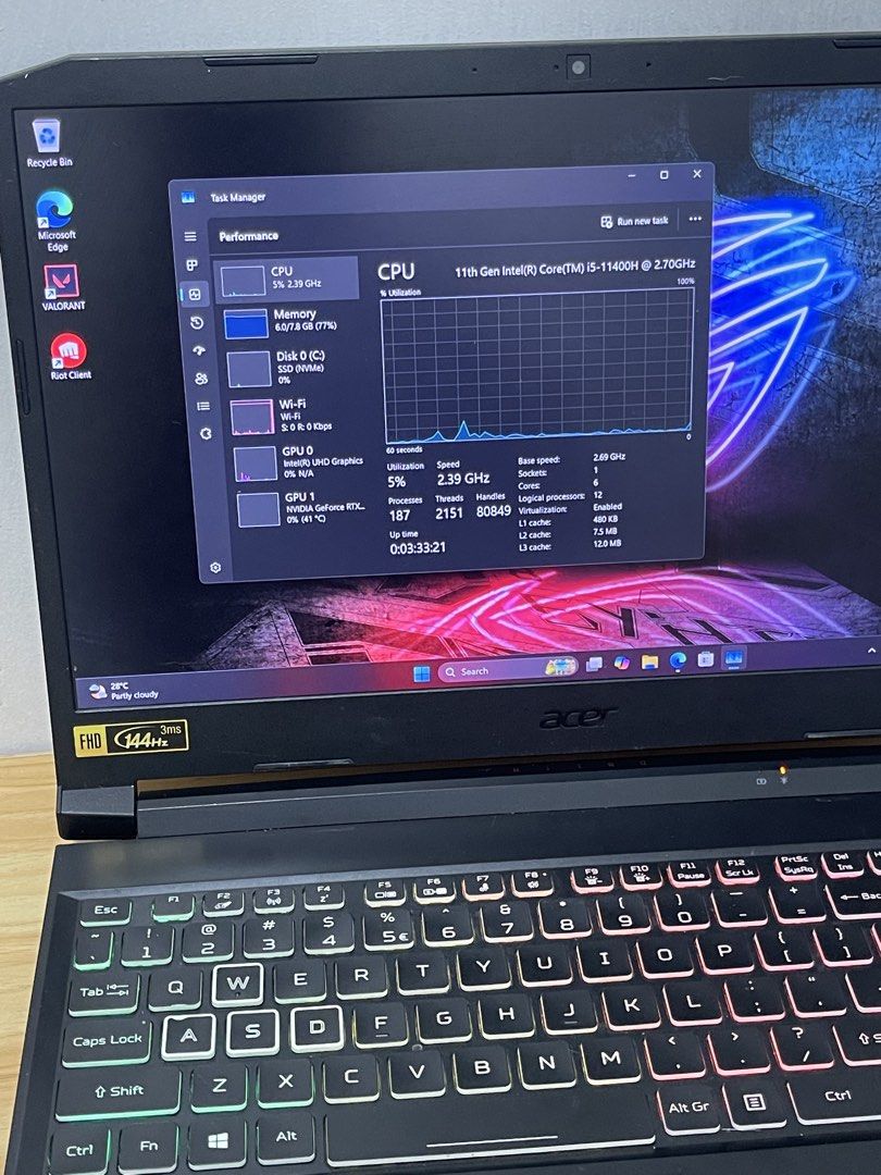 Acer Nitro 5 Gaming Laptop (Category: Laptops & Notebooks) located in Manila. Submitted by spydie_flips (Listing ID 1468073720, Image 3). Description: 💻 Acer Nitro 5 Gaming Laptop Bundle — ₱27,999 (Negotiable) • Intel Core i5-11400H (11th Gen) • 8GB RAM (3200 MT/s) • 512GB SSD (477GB Usable) • NVIDIA GeForce RTX 3050 Laptop GPU (4GB) • Intel UHD Graphics • 15.6” Full HD Display — 144Hz • Windows 11 • RGB Backlit Keyboard • Stress Test Completed 