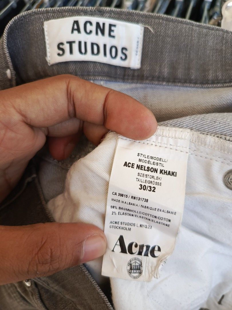 Acne Studios Grey Denim Jeans (Category: Jeans) located in Cabatuan. Submitted by penthegreat (Listing ID 1468121270, Image 2). Description: - Brand: Acne Studios - Color/Wash: Grey with mid-wash look - Fit: Straight fit through the legs - Closure: Classic button and YKK zipper fly - Details: Standard five-pocket styling and belt loops - Condition: Great casual staple that goes with everything.