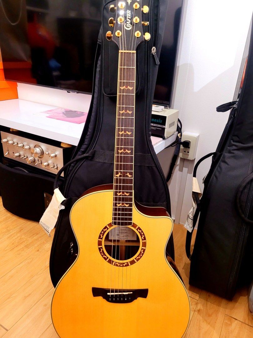 Crafter Acoustic Electric Guitar (Category: Musical Instruments) located in Manila. Submitted by jenashara (Listing ID 1468230046, Image 1). Description: Crafter (Godinus) Acoustic Electric Guitar- Pro & Intermediate Players. - LR-T NX GOLD preamp installed - Gold Grover tuners - Stunning wood grain on back and sides - Comfortable cutaway body style - Includes Original thick gig bag - Ideal for live performances and home playing This is one of my