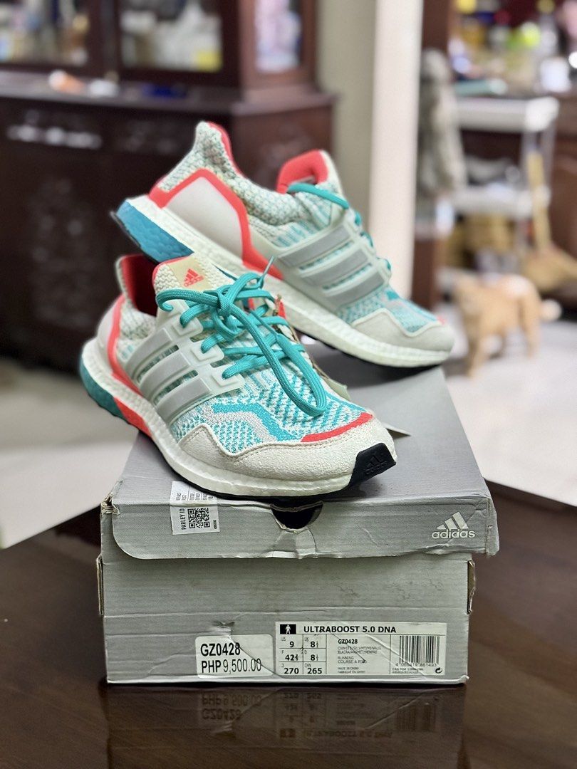 Adidas Ultraboost 5.0 DNA (Size 9 / Multicolor) (Category: Casual Shoes) located in Muntinlupa City. Submitted by rjopadilla (Listing ID 1468221808, Image 3). Description: - Brand: Adidas Ultraboost 5.0 DNA - Colorway: Crystal White / Silver Metallic / Minrus with Turquoise and Coral accents - Size: US 9 / UK 8.5 / EU 43 - Condition: Brand new, unworn, with original box and attached tags - Features: Primeknit upper and responsive Boost midsole cu