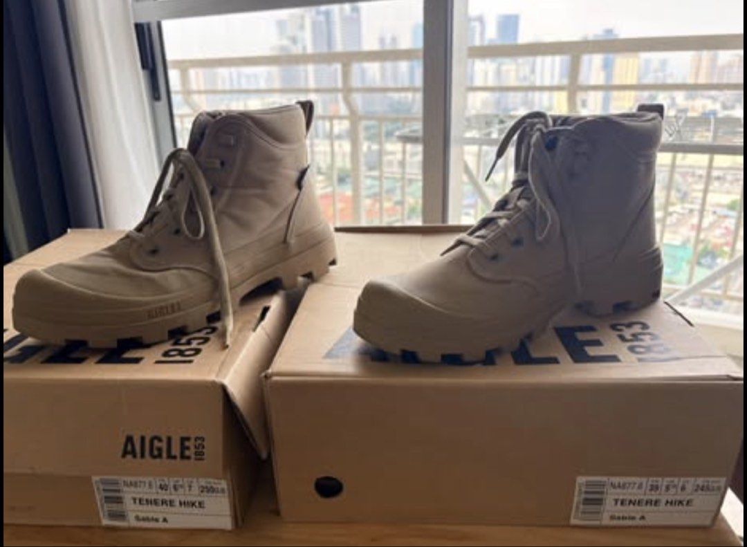 Aigle Tenere Hike Boots Sable A (Category: Boots) located in Quezon City. Submitted by soleil_07 (Listing ID 1468072016, Image 1). Description: - Brand: Aigle - Model: Tenere Hike boots - Color: Sable (neutral beige) - Condition: Includes original shoe box - Features: Durable lug soles, lace-up closure, sturdy ankle support, and reinforced toe cap - Sizing: Marked on the box label US 7 and US 6 CN mm 250 and CN mm 245 Both used twice only. City w