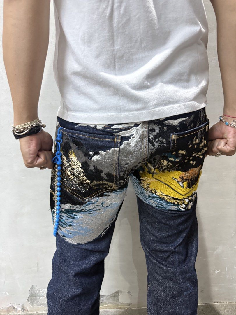 Akoo Japanese Embroidered Jeans (Category: Jeans) located in Manila. Submitted by allinthiswall (Listing ID 1468247211, Image 2). Description: vintage y2k #akoo “wild thing” nature scene embroidered denim jeans 🌲🐻🦌 featuring heavy, intricate landscape embroidery across the back and front pocket, complete with selvedge detailing and custom hardware,. size tag reads 34’ inch waist measures 36’ inch by 45’ inch overall length,. leg stacks fr.,. a