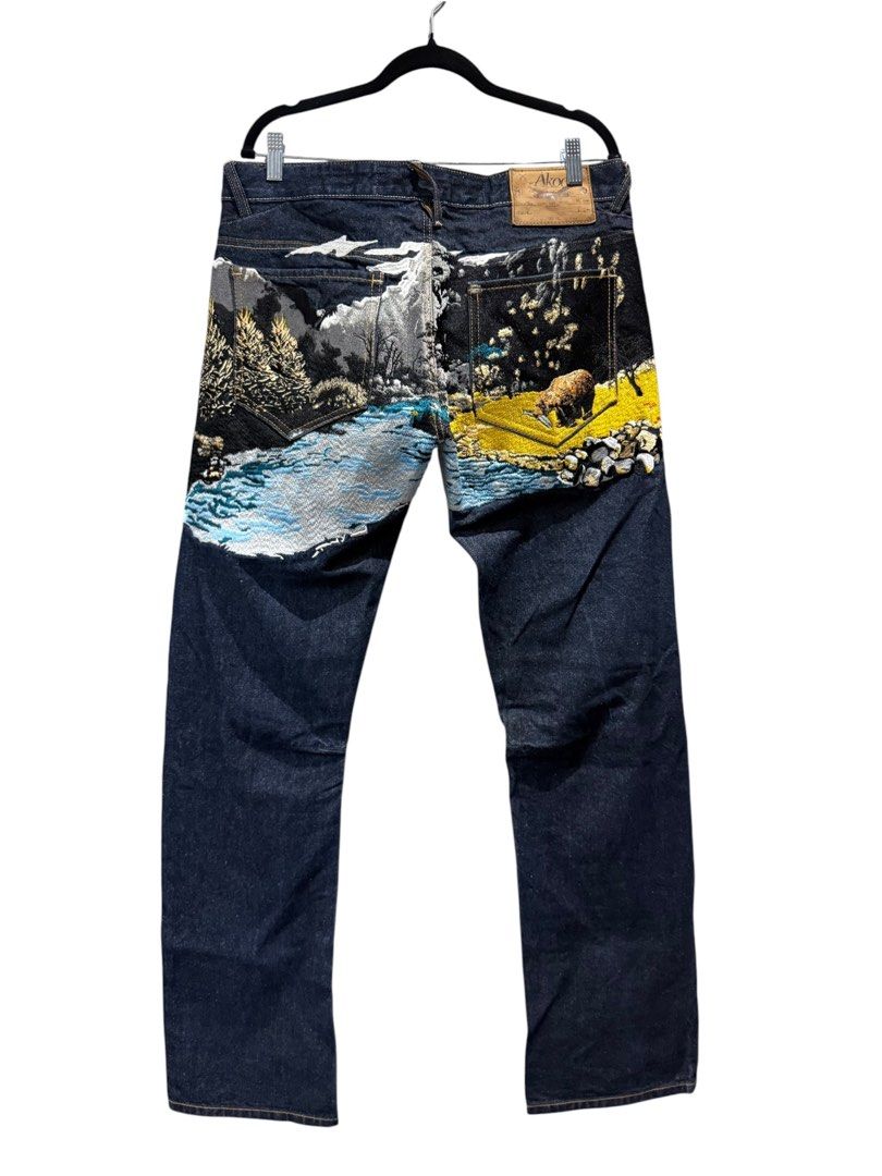 Akoo Japanese Embroidered Jeans (Category: Jeans) located in Manila. Submitted by allinthiswall (Listing ID 1468247211, Image 3). Description: vintage y2k #akoo “wild thing” nature scene embroidered denim jeans 🌲🐻🦌 featuring heavy, intricate landscape embroidery across the back and front pocket, complete with selvedge detailing and custom hardware,. size tag reads 34’ inch waist measures 36’ inch by 45’ inch overall length,. leg stacks fr.,. a
