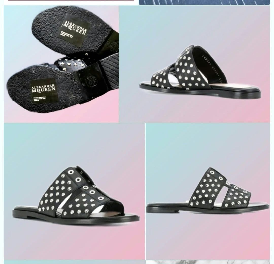 Alexander McQueen Studded Leather Flat Sandals Size 37 (Category: Flats & Sandals) located in Paranaque City. Submitted by calm_youngstore7 (Listing ID 1468073408, Image 1). Description: - Brand: Alexander McQueen - Style: Double strap flat sandals with slip-on design - Size: 37 (marked on sole and inner strap) - Color/Material: Black leather - Hardware: Silver-tone studs and eyelets - Perfect for stylish, comfortable daily wear Authentic Alexand