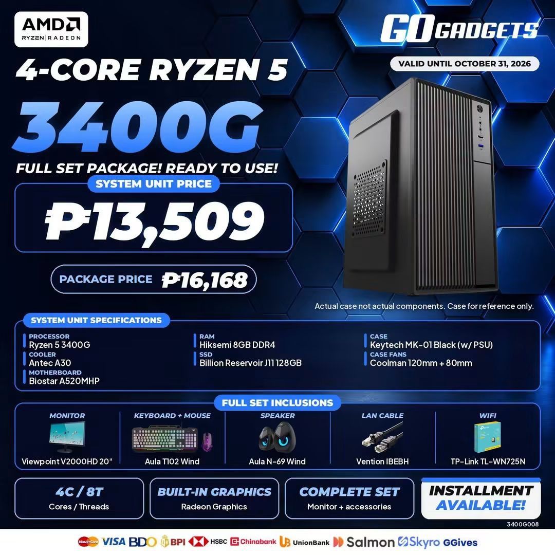 AMD RYZEN 5 3400G and KEYTECH MK-01 (Category: Desktops) located in Caloocan City. Submitted by kentsalvador31 (Listing ID 1468142384, Image 3). Description: 🔥 ANOTHER PC SET RELEASED & READY TO GO! 🔥 Congratulations and thank you to our valued customer for choosing Go Gadgets - Kawit Cavite! 🥳💻 Here is your brand-new, budget-friendly desktop setup perfect for home, work, online schooling, and everyday entertainment! AMD RYZEN 5 3400G | RADEO