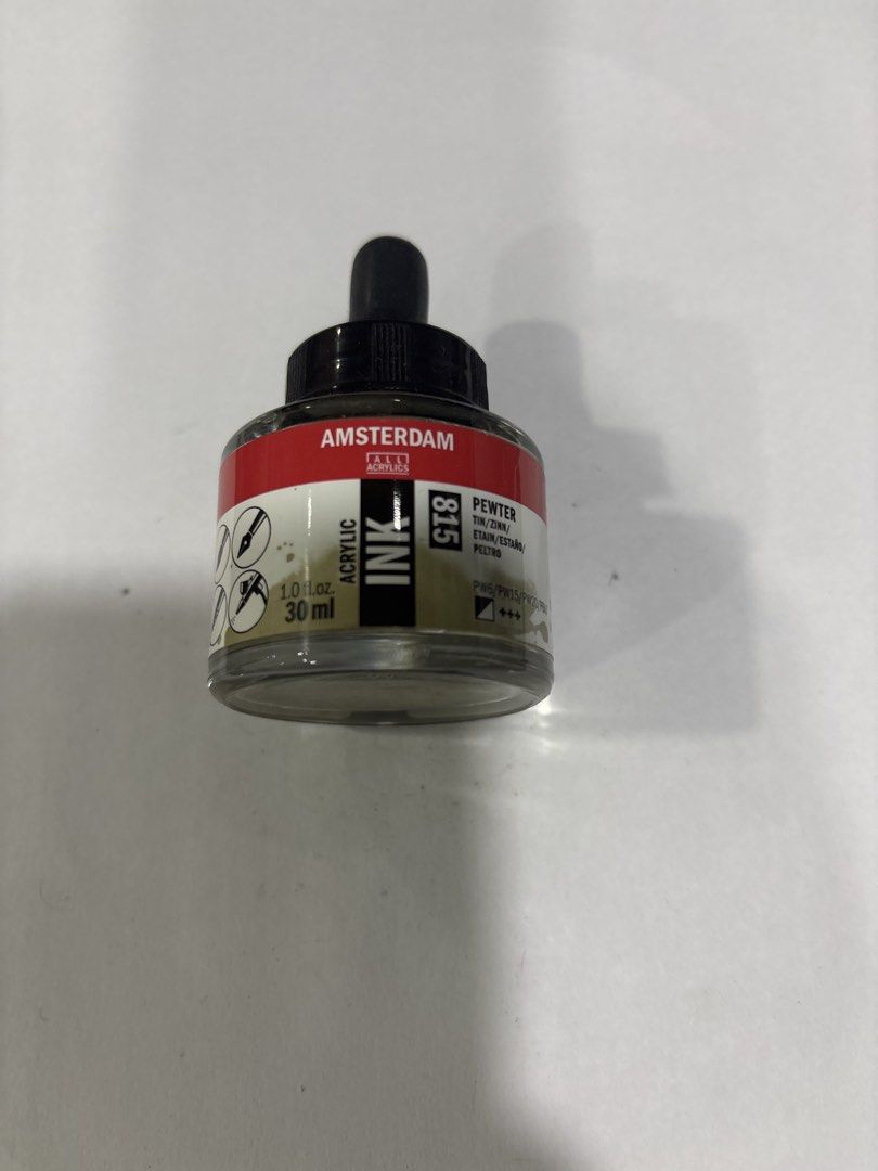 Amsterdam Acrylic Ink 30ml - Pewter 815 (Category: Craft Supplies & Tools) located in Mandaluyong City. Submitted by clothescarousel (Listing ID 1468235280, Image 1). Description: - Brand/Model: Amsterdam Acrylic Ink - Color: Pewter (Code: 815) - Size: 30ml glass bottle - Features: Handy dropper cap for easy dispensing, clear label with pigment info - Best for: Calligraphy, painting, and illustration work.