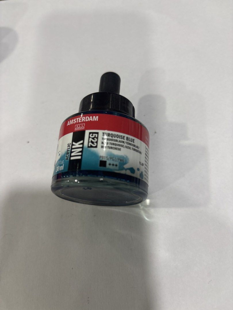 Amsterdam Acrylic Ink 522 Turquoise Blue 30ml (Category: Craft Supplies & Tools) located in Mandaluyong City. Submitted by clothescarousel (Listing ID 1468237341, Image 1). Description: - Brand: Amsterdam Acrylic Ink - Shade: 522 Turquoise Blue - Size: 30ml bottle with convenient dropper cap - Condition: Brand new and completely unopened - Ideal for: Painting, calligraphy, lettering, and mixed media art projects.