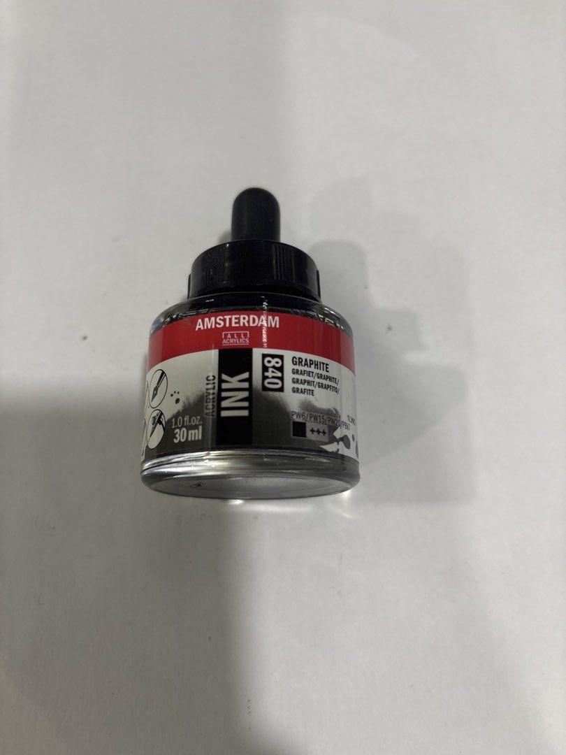 Amsterdam Acrylic Ink 840 Graphite 30ml (Category: Craft Supplies & Tools) located in Mandaluyong City. Submitted by clothescarousel (Listing ID 1468235199, Image 1). Description: - Brand: Amsterdam Acrylic Ink - Color: 840 Graphite - Size: 30ml / 1.0 fl oz - Condition: Full bottle, clean label - Features: Built-in dropper cap, fluid consistency ideal for writing, drawing, or airbrushing.