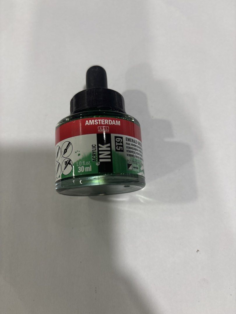 Amsterdam Acrylic Ink Emerald Green 30ml (Category: Craft Supplies & Tools) located in Mandaluyong City. Submitted by clothescarousel (Listing ID 1468230484, Image 1). Description: - Brand: Royal Talens Amsterdam - Color: Emerald Green (Code 615) - Volume: 30ml in a clean glass bottle - Features: Highly pigmented, waterproof, includes dropper cap - Ideal for: Brushes, dip pens, technical pens, and airbrushes.