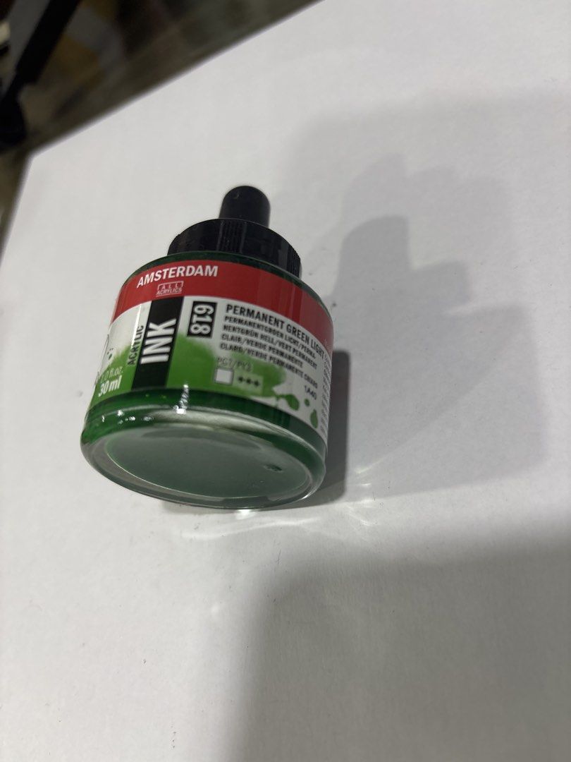 Amsterdam Acrylic Ink Permanent Green Light 618 30ml (Category: Craft Supplies & Tools) located in Mandaluyong City. Submitted by clothescarousel (Listing ID 1468236301, Image 1). Description: - Brand: Amsterdam - Product: Acrylic Ink - Shade: 618 Permanent Green Light - Volume: 30ml - Features: Vibrant pigment, handy dropper lid, standard glass bottle with clear labeling - Ideal for: Fine art, calligraphy, illustration, and mixed media projects.