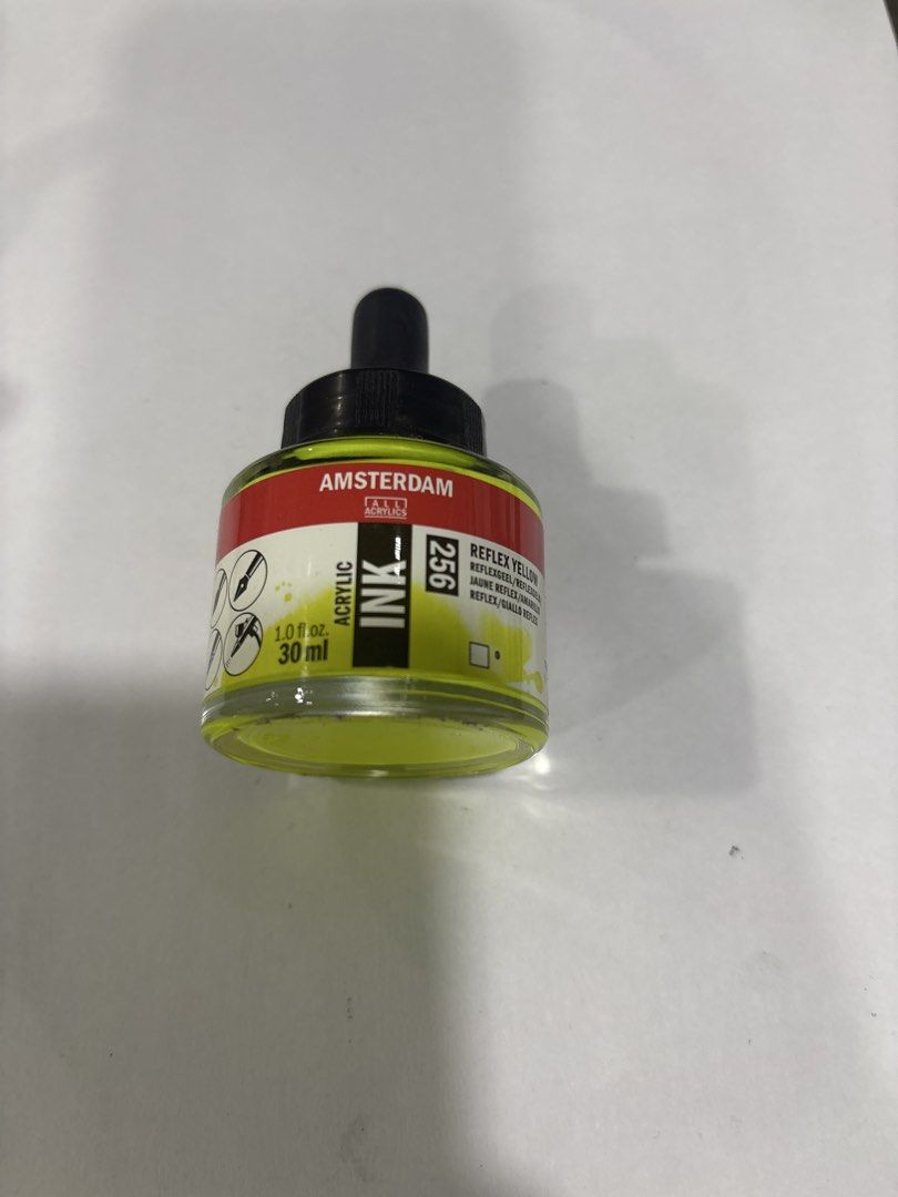 Amsterdam Acrylic Ink Reflex Yellow 256 30ml (Category: Craft Supplies & Tools) located in Mandaluyong City. Submitted by clothescarousel (Listing ID 1468230738, Image 1). Description: - Brand/Model: Royal Talens Amsterdam Acrylic Ink - Color: 256 Reflex Yellow - Volume: 1.0 fl oz / 30 ml - Features: Highly pigmented formula, becomes waterproof when dry, convenient dropper cap included - Ideal for: Dip pens, technical pens, airbrushes, and regula