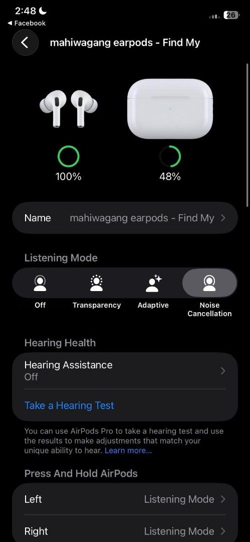 Apple AirPods Pro 2 (Category: Headphones & Headsets) located in Manila. Submitted by trainwreck331 (Listing ID 1468257825, Image 3). Description: - Item: Apple AirPods Pro with Charging Case - Color: White - Model: A3048 -TYPE C - Serial Number: V5Q9PC6137 - Condition: Used with normal wear and tear from daily carry - Performance: Active Noise Cancellation (ANC) works perfectly and battery holds a good charge - Inclusions: Earbuds and charging c