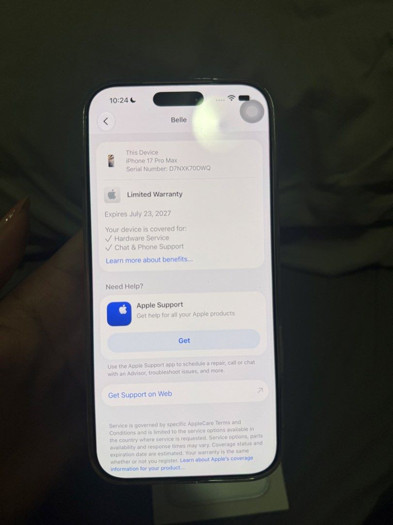 Apple iPhone 17 Pro Max (Category: iPhone 17 Series) located in Manila. Submitted by belleliammm (Listing ID 1468249737, Image 3). Description: IPhone 17 Pro Max up for grabs. Battery health sitting at 100 percent with only 86 cycles. First used July 2026, manufacture date June 2026. Apple limited warranty active through July 23, 2027. Serial number D7NXK70DWQ. Model A3526. Clean device, warranty covers hardware service, chat, and phone support. 