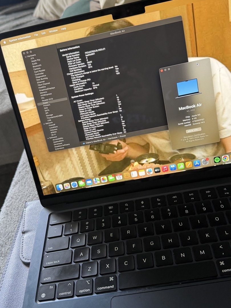 Apple MacBook Air M2 2022 8GB (Category: Laptops & Notebooks) located in Manila. Submitted by clairebrn (Listing ID 1468077915, Image 3). Description: - Model: MacBook Air 2022 with Apple M2 chip - Memory: 8GB / 256GB - OS: macOS Sonoma 14.5 - Battery: 72 cycle count, 97% battery health - Condition: No issues; Bought in 2024 but has been barely used; No dents or scratches, just needs cleaning - Inclusions: Original charger - Reason for Selling: N