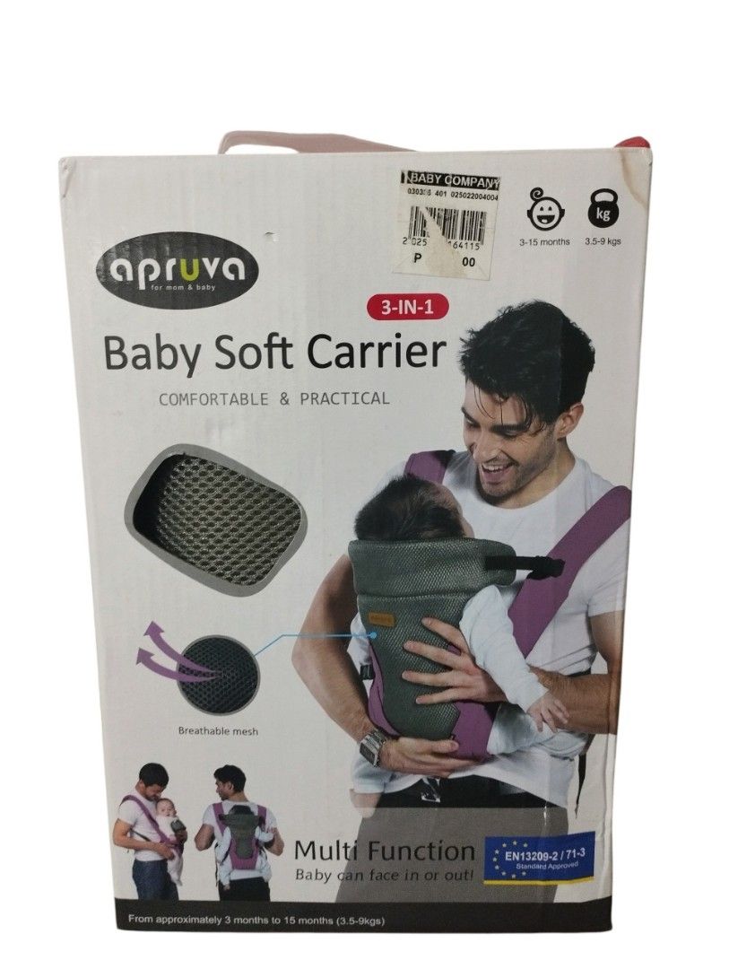 Apruva 3-in-1 Baby Soft Carrier Multi Function Breathable Mesh (Category: Carriers & Slings) located in Manila. Submitted by nikaclyde (Listing ID 1468237189, Image 1). Description: Apruva 3-in-1 baby soft carrier box. Designed for babies from 3 to 15 months, weighing 3.5 to 9 kilograms. Breathable mesh material keeps things cool. Multi-function design supports facing in or out positions. Meets standard EN13209-2 / 71-3 safety regulations..