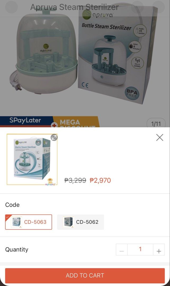 Apruva Bottle Steam Sterilizer CD-5063 (Category: Breastfeeding & Bottle Feeding) located in Manila. Submitted by patootie_ (Listing ID 1468235138, Image 3). Description: - Brand/Model: Apruva Electric Steam Sterilizer - Color: Mint Green and White - Capacity: Holds up to 6 baby bottles - Speed: Kills germs in just 8 minutes - Material: 100% BPA-free - Inclusions: Original box and power cord - Condition: Slightly used but still in excellent condi