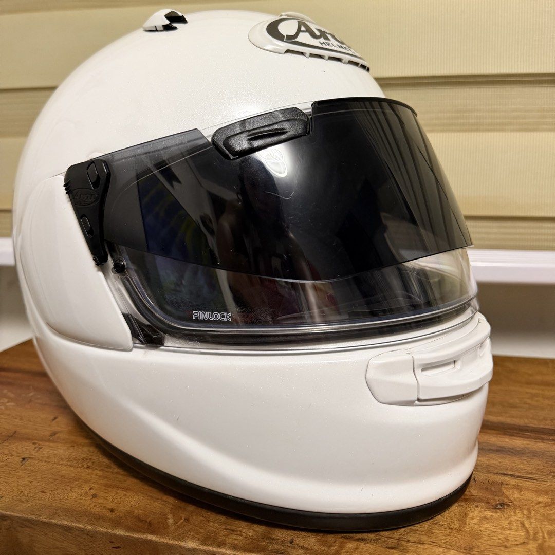 Arai Helmet with Cardo Packtalk Edge (Bundle!) (Category: Headphones & Headsets) located in Marikina City. Submitted by meandmyprelovedstuff (Listing ID 1468212551, Image 3). Description: ARAI ASTRO-GX Snell Certified With Cardo Packtalk Edge Size Medium or 57-58 cm Bought in 2023 Box not guaranteed (hahanapin pa) - Color/Finish: Gloss white - Visor: Tinted - Comms: Cardo bluetooth unit mounted - Accessories: Rear spoiler attachment and small com