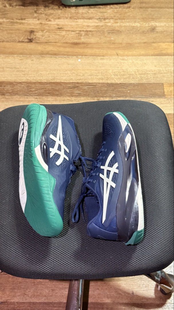 Asics Gel Resolution X Size 13 (Category: Sneakers) located in Quezon City. Submitted by mic_drops (Listing ID 1468138223, Image 3). Description: - Brand: Asics Gel-Resolution X - Colorway: Navy blue and green with white logo - Size: US 13 / UK 12 / EU 48 - Condition: Clean uppers with minimal wear on soles - Features: Durable tread pattern with great traction outsole - Used for pickleball courts only Rfs: got a new one this is just a spare No bo