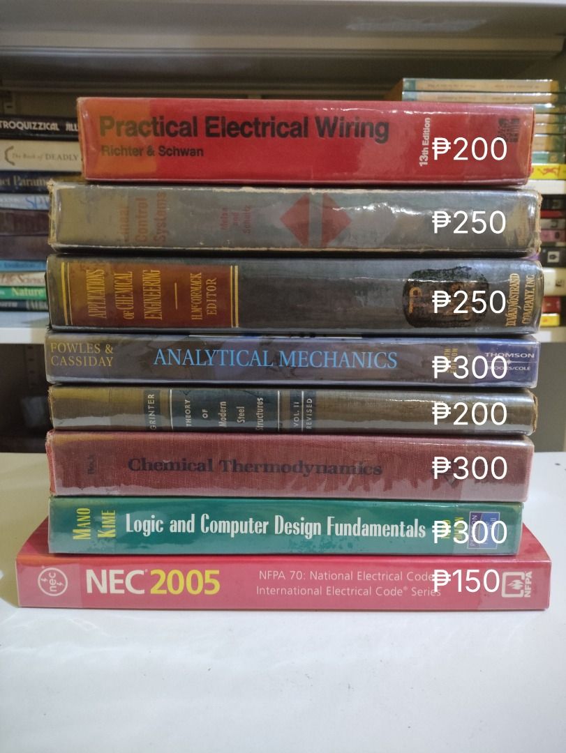 Assorted Engineering Book Set B (Category: Textbooks) located in Manila. Submitted by hector_does_go_rug (Listing ID 1468109648, Image 1). Description: 📚 Engineering & Technical Books Set B Practical Electrical Wiring — Richter & Schwan, 13th Edition — ₱200 Linear Control Systems — James L. Melsa & Donald G. Schultz — ₱250 The Applications of Chemical Engineering — Edited by Harry McCormack, 6th Printing — ₱250 Analytical Mechanics — Fowles & Ca