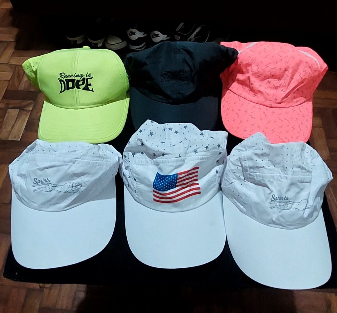 Assorted Sprints Running Caps and Visors (Category: Caps & Hats) located in Legazpi City. Submitted by street_uniform (Listing ID 1468240848, Image 1). Description: - 180 each - Brand: Sprints (Running Caps and Visors) - Available Colors/Designs: Neon yellow, black, bright pink, multiple white designs, American flag print, and running cheetah graphics - Features: Lightweight, breathable fabric with perforation patterns - Closure: Adjustable strap