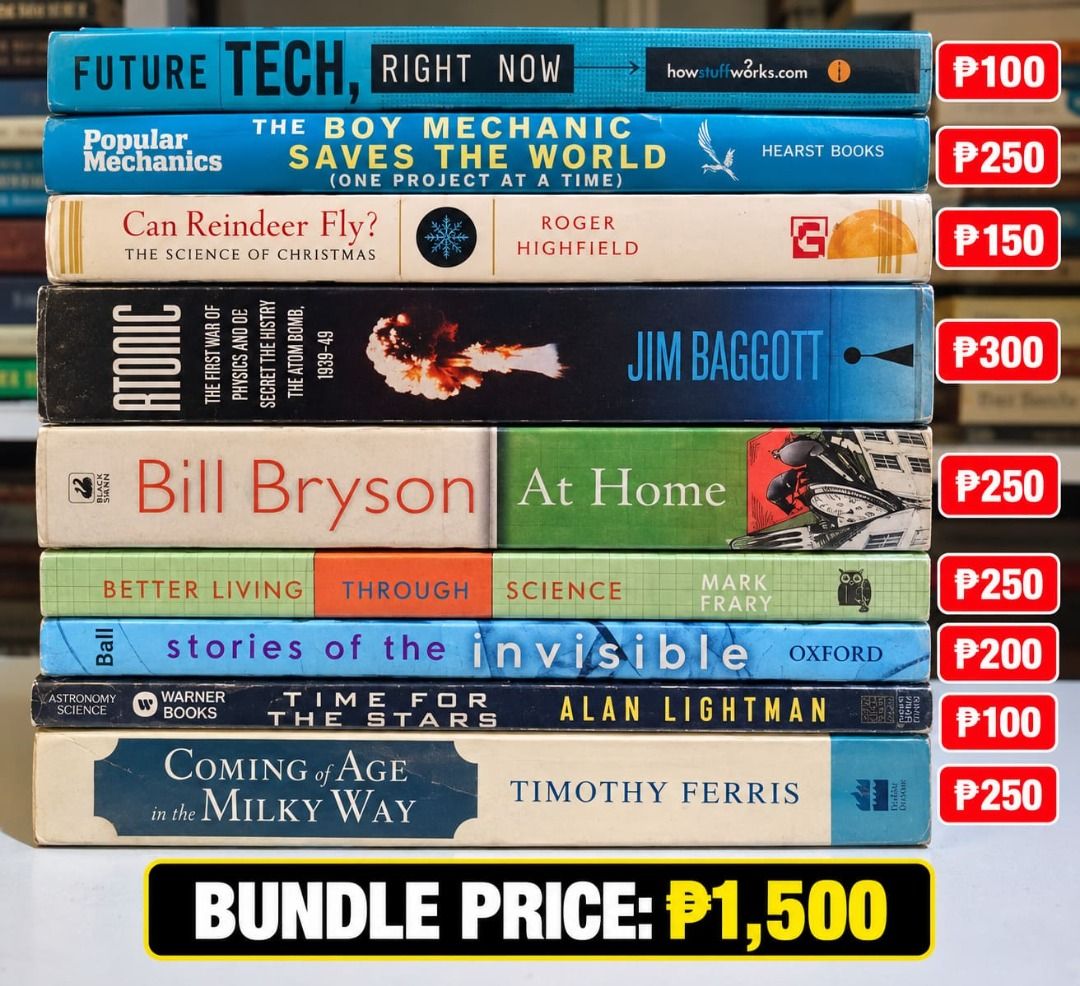 Assorted Popular Science Book Set A (Category: Storybooks) located in Manila. Submitted by hector_does_go_rug (Listing ID 1468107990, Image 1). Description: 📚 ASSORTED SCIENCE & POPULAR SCIENCE BOOKS SET A A varied collection of science and nonfiction books covering future technology, physics, chemistry, astronomy, and everyday science. 1. Future Tech, Right Now — ₱100 2. The Boy Mechanic Saves the World — ₱250 3. Can Reindeer Fly? The Science o