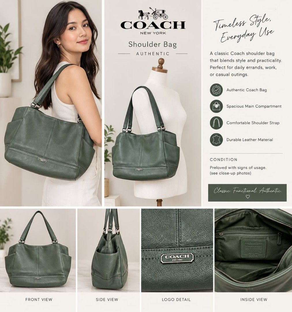 Authentic Coach Leather Shoulder Bag Green (Category: Luxury Bags & Wallets) located in Digos. Submitted by chicandglowbargains (Listing ID 1468070991, Image 1). Description: - 100% Authentic Coach shoulder bag in a gorgeous dark green shade - Crafted from durable, premium pebble leather with sleek silver-tone hardware - Spacious main compartment easily fits your daily essentials - Organized interior complete with a zip pocket and slip pockets - 