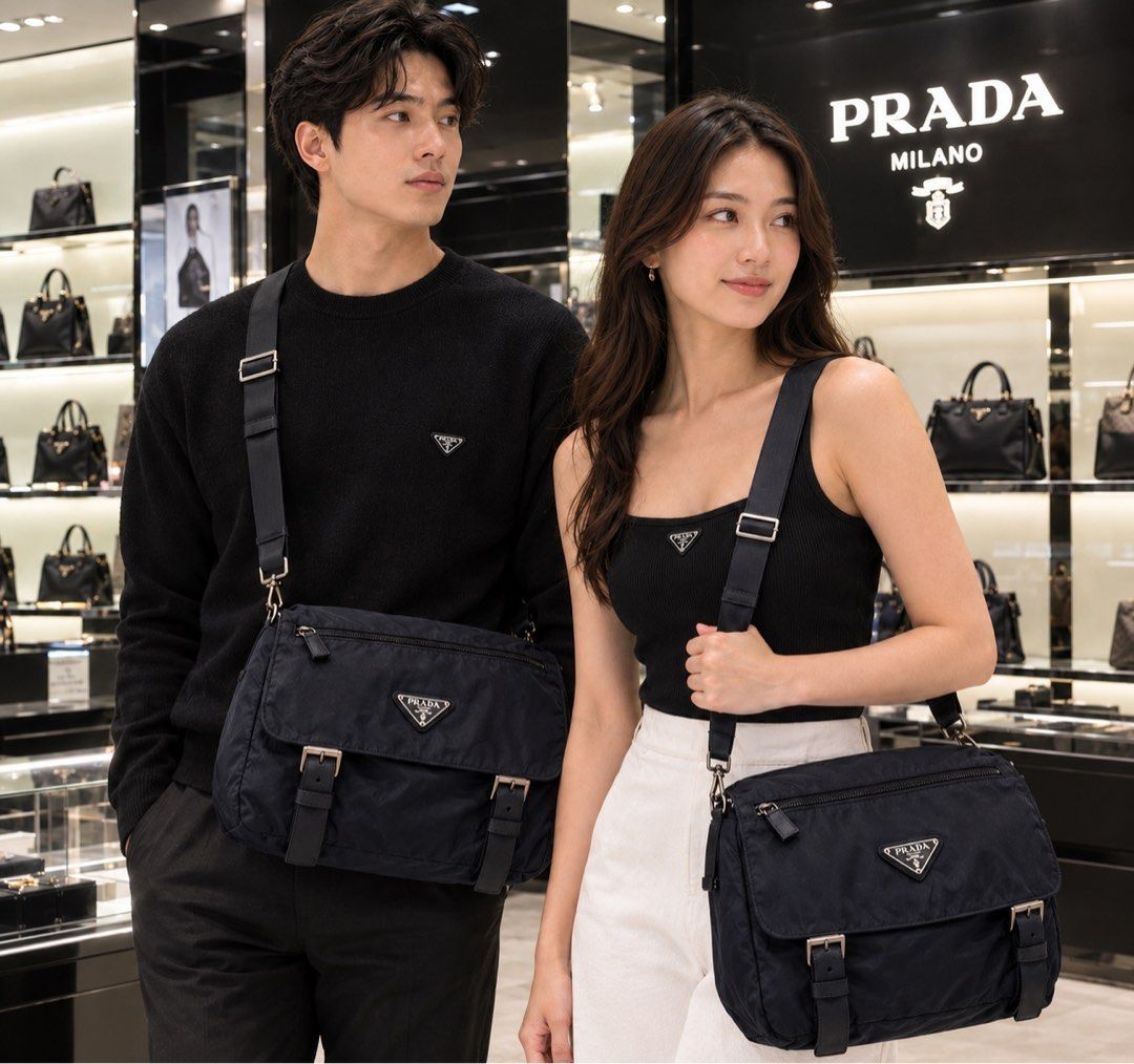 Authentic Prada Black Nylon Messenger Bag (Category: Luxury Bags & Wallets) located in Dagupan City. Submitted by casadebayongph (Listing ID 1468221891, Image 1). Description: Prada messenger bag in black nylon. Flap front design with silver tone buckles and iconic triangle logo badge. Zip pocket right on the front flap. Adjustable canvas shoulder strap for easy daily carry. Clean silhouette that works for both guys and girls. Great everyday piec