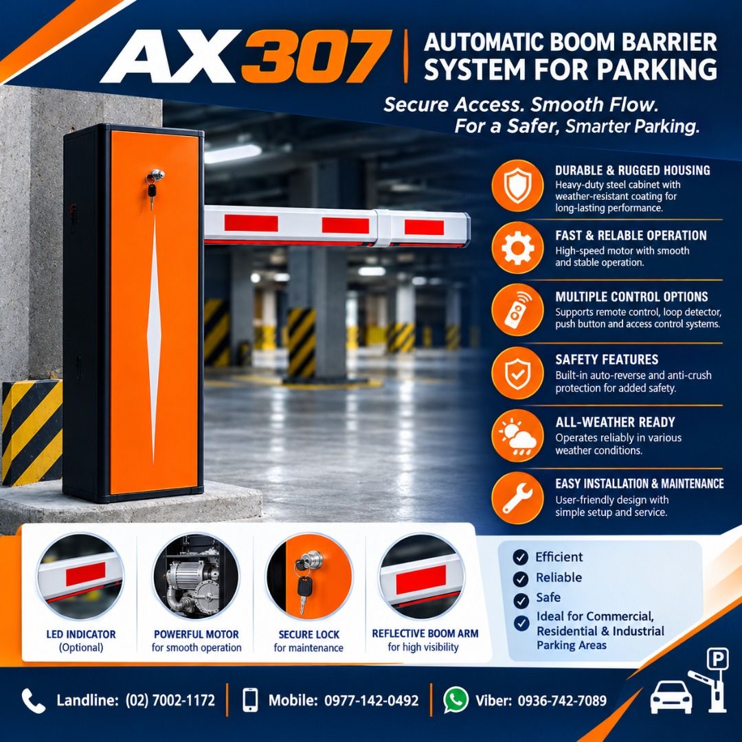 AX307 Automatic Boom Barrier System for Parking (Category: Industrial Equipment) located in Quezon City. Submitted by balahaylaa00272 (Listing ID 1468068801, Image 1). Description: - Model: AX307 Automatic Boom Barrier System - Heavy-duty steel cabinet with weather-resistant coating - Fast and reliable high-speed motor operation - Built-in auto-reverse and anti-crush safety protection - Highly versatile: supports remote control, loop detector, pu
