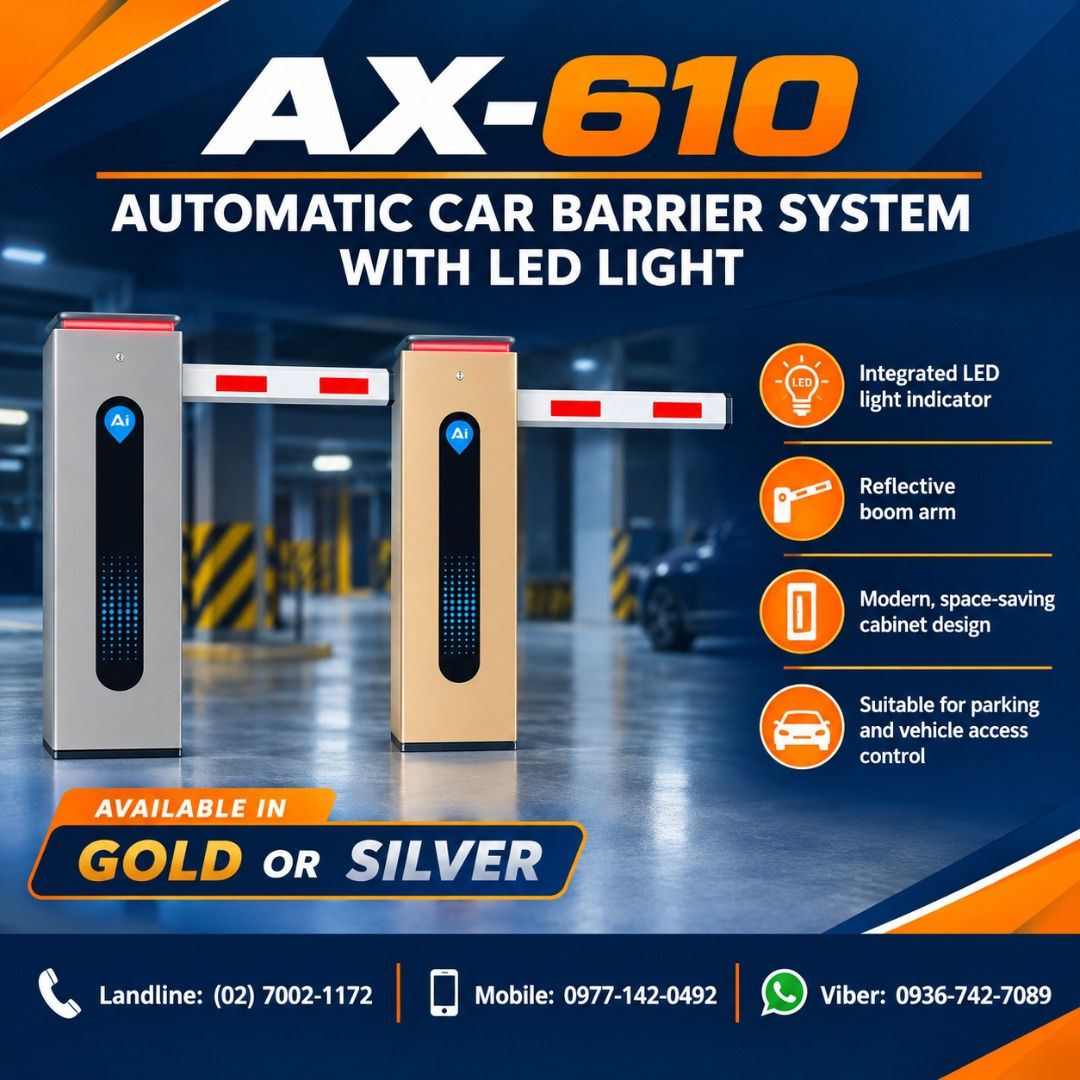 AX610 Automatic car barrier, boom barrier (Category: Everything Else Others) located in Quezon City. Submitted by balahaylaa00272 (Listing ID 1468069012, Image 1). Description: - Model: AX610 Automatic Car Barrier System with LED Light - Available Colors: Premium Gold or Silver - Features: Integrated LED light indicator for high visibility - Design: Modern, space-saving cabinet with a reflective boom arm - Application: Ideal for parking lots, sub