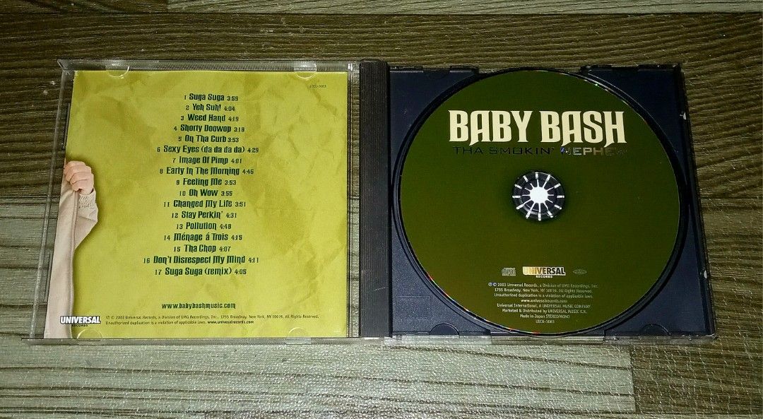 BABY BASH - THA SMOKIN' NEPHEW CD JAPAN (Category: CDs & DVDs) located in Talavera. Submitted by thalifan46 (Listing ID 1468088751, Image 2). Description: BABY BASH - THA SMOKIN' NEPHEW CD JAPAN NOTE : WAG NA LANG MAG MESSAGE KUNG HINDI NAMAN INTERESADO SA ITEM AT HANAP LANG AY KAKWENTUHAN.. WHAT YOU SEE IS WHAT YOU GET 100% ORIGINAL AUTHENTIC.. MOP : GCASH OR PALAWAN.. COURIER :LBC, JRS, J&T.. STRICTLY NO COD‼️.