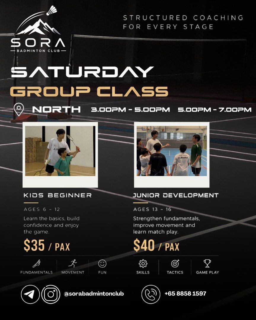 BADMINTON CLASSES (Category: Sport & Fitness Classes) located in Singapore. Submitted by sora_bc (Listing ID 1468197421, Image 2). Description: Looking to improve your badminton skills? SORA BC provides badminton classes for all ages, and all skill levels! Ranging from complete beginners wanting to pick up the sport, recreational players improving their gameplay in social groups, or competitive players wanting to compete, SORA is here to help ach