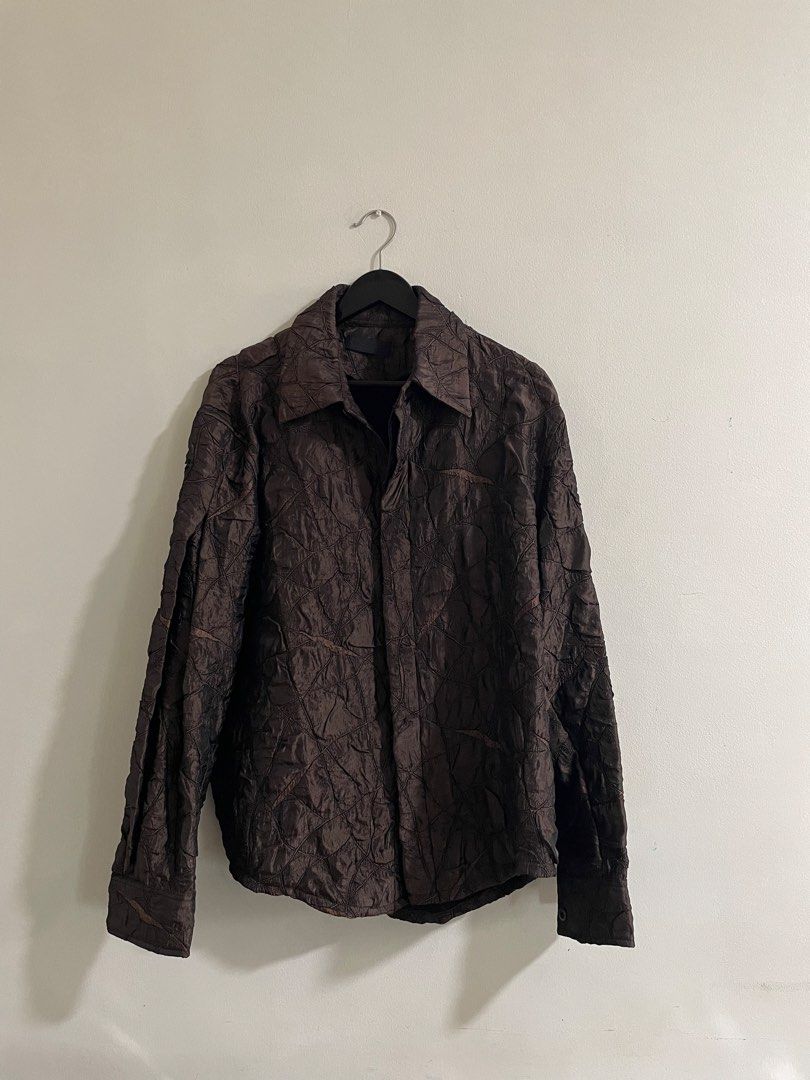 Baovicto Brown Crinkled Texture Button-Down Shirt (Category: Coats, Jackets and Outerwear) located in Makati City. Submitted by pabilipoako_ (Listing ID 1468060472, Image 1). Description: - Brand: Baovicto - Color: Dark brown - Design: Unique crinkled, crumpled texture with abstract contrast stitching lines - Details: Collared neck, long sleeves with button cuffs, hidden front button placket - Extras: Includes extra replacement button on the wash