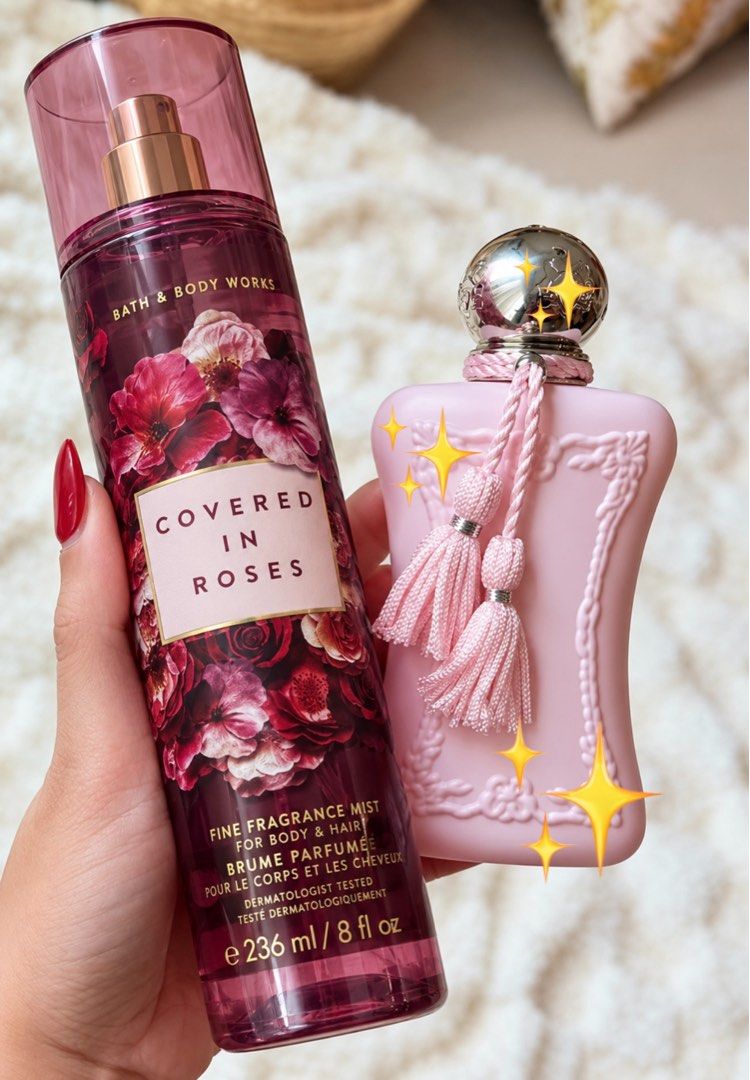Bath & Body Works "Covered in Roses" (Category: Fragrance & Deodorants) located in Bulacan. Submitted by mykakarizza (Listing ID 1468246576, Image 2). Description: ✨✨Bath & Body Works Everyday Luxury Collection✨✨ Bath & Body Works "Covered in Roses" is widely considered one of the closest and most affordable body mist dupes for Parfums de Marly's luxury fragrance Delina! 1pc - ₱450 3pcs up ₱400!!! Add on: Paperbag 50 🍁100% ORIGINAL FROM CANADA🍁