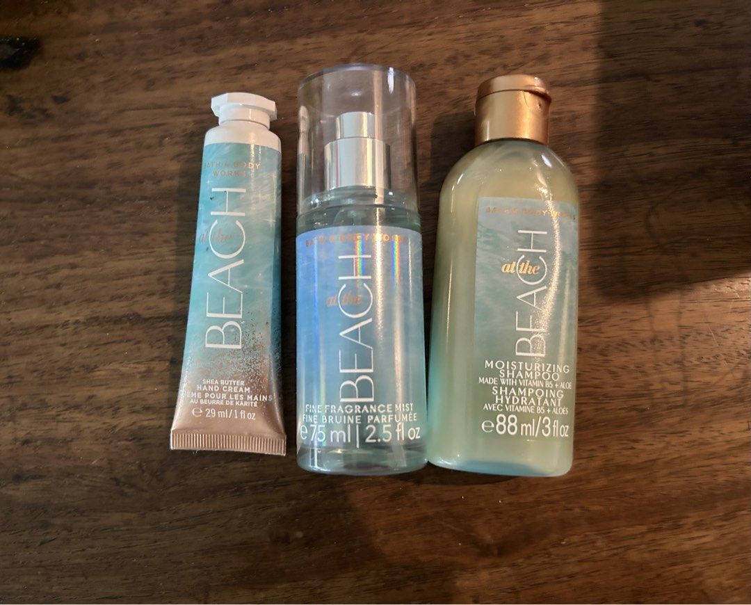 Bath and Body Works At The Beach Set (Category: Fragrance & Deodorants) located in Antipolo. Submitted by tshopph (Listing ID 1468225526, Image 1). Description: At The Beach - hand cream - fine fragrance mist - moisturizing shampoo.