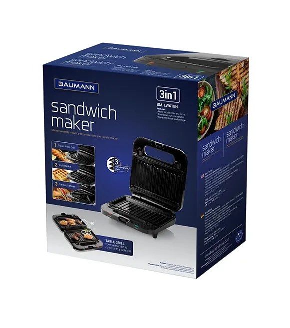 Baumann 3in1 Sandwich Maker Dual (Category: BBQ, Grills & Hotpots) located in Manila. Submitted by jillibeans (Listing ID 1468147095, Image 1). Description: Brand: Baumann Living 3in1 - Panini press grill, Waffle maker, Sandwich maker Plate size: 22.4cm x 12.2cm • Can fit 2 slices • Non-stick detachable cooking plates • Converts into 180° table grill • Barely used • Complete inclusions.