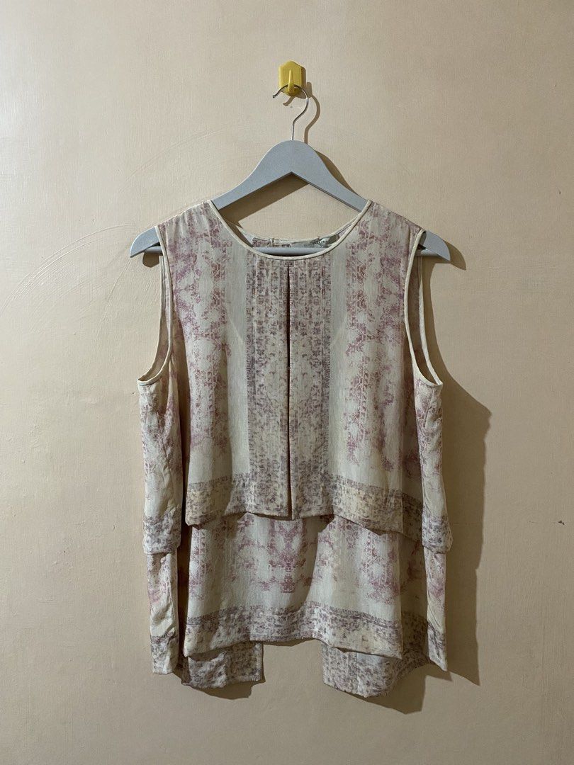 BCBGMAXAZRIA RUNWAY Silk Split-Front “Flyaway” Layered Blouse. (Category: Blouses) located in Naga. Submitted by trashfinds (Listing ID 1468223023, Image 1). Description: The selected item is a vintage BCBGMAXAZRIA 100% Silk Split-Front “Flyaway” Layered Blouse. This sleeveless top features an intricate bohemian abstract/watercolor geometric print in shades of dusty rose, mauve, and taupe against a cream-colored base. It is designed with a distin