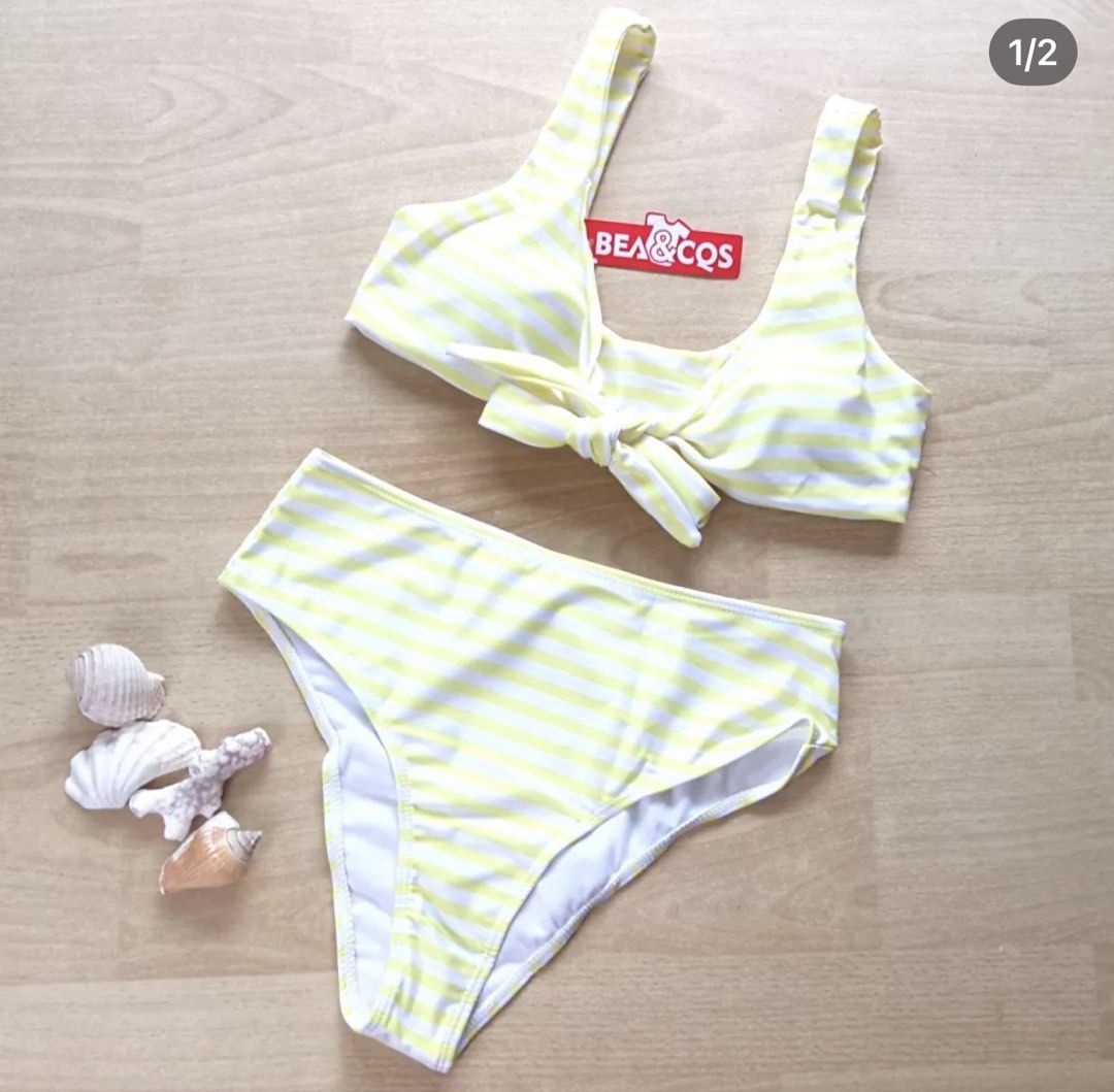 Bea & Cqs Yellow White Striped Bikini Size M (Category: Bikinis & Swimsuits) located in Bulacan. Submitted by peach1025 (Listing ID 1468071051, Image 1). Description: - Brand: Bea & Cqs - Style: Yellow and white striped two-piece bikini - Condition: Brand new with original tags attached - Size: Medium - Top: Tie-front knot design with wide straps - Bottoms: High-waisted with moderate coverage.