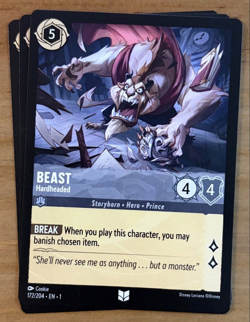 Beast - Hardheaded | Disney Lorcana Cards ~ The First Chapter (Category: Raw Singles) located in Makati City. Submitted by cardlab (Listing ID 1468222437, Image 1). Description: Items are 💯 authentic/original/legit. About The Card: •Language: EN • Number: 172/204 • Uncommon • Normal FOR: • Cards ₱99 and below with Card Sleeves • Cards ₱100 and up with Card Sleeves and Used Toploader • ₱10 for Bnew Tops Packaging (If Shipping): ✔️ Plastic cover ✔