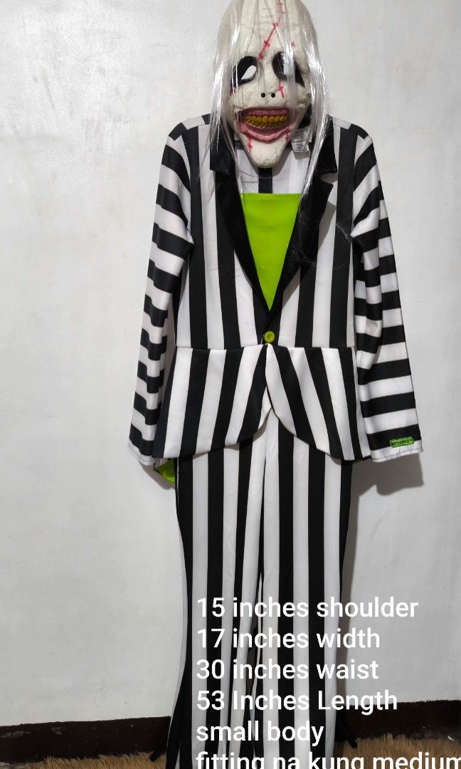 Beetlejuice Costume Jumpsuit Small Size (Category: Sets & Coordinates) located in Marikina City. Submitted by alecfordy (Listing ID 1468147384, Image 1). Description: Beetlejuice Costume Mask not included Jumpsuit ( back zipper) small body fitting kung medium Teens and adult.