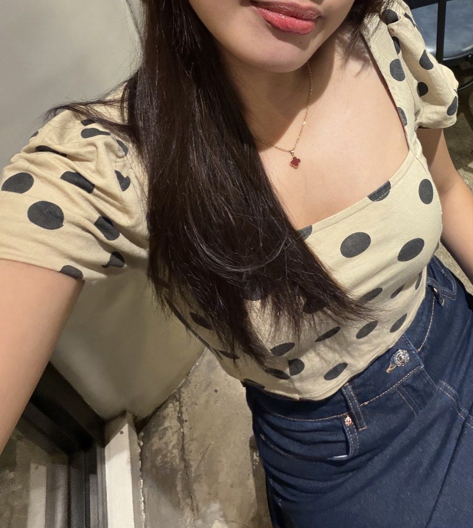 Beige Polka Dot Crop Top with Puff Sleeves (Category: Blouses) located in Manila. Submitted by cpaa.aaa (Listing ID 1468136338, Image 1). Description: Beige with black polka dots Size: XS-M Square neckline puff sleeves Adjustable tie-back detail Stretchy smocked back panel for comfort, cropped length .