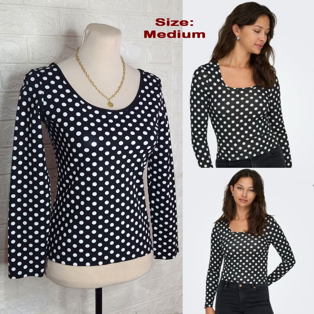 Black and White Polka Dot Long Sleeve Top (Category: Longsleeves) located in Quezon City. Submitted by graciejosue (Listing ID 1468060675, Image 1). Description: Rare piece apparel at a very reasonable price and great condition!!! Washed and ready to wear. - Color/Pattern: Classic black and white polka dots - Size: Medium - Fit: Fitted cut - Details: Long sleeves with a wide scoop neckline - Styling: Easy to pair with jeans or skirts for a casual