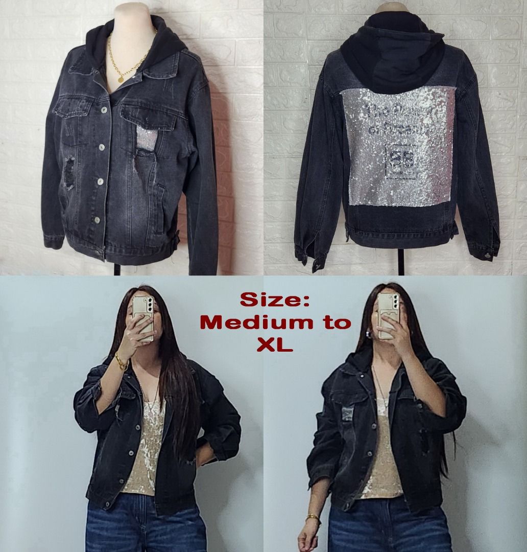 Black Denim Jacket with Hood and Sequins (Category: Coats, Jackets and Outerwear) located in Quezon City. Submitted by graciejosue (Listing ID 1468059251, Image 1). Description: Rare piece apparel at a very reasonable price and great condition!!! Washed and ready to wear. - Color & Style: Washed black denim jacket with an attached dark hoodie layer - Back Detail: Large statement silver sequin patch with text - Accents: Distressed chest and pocket