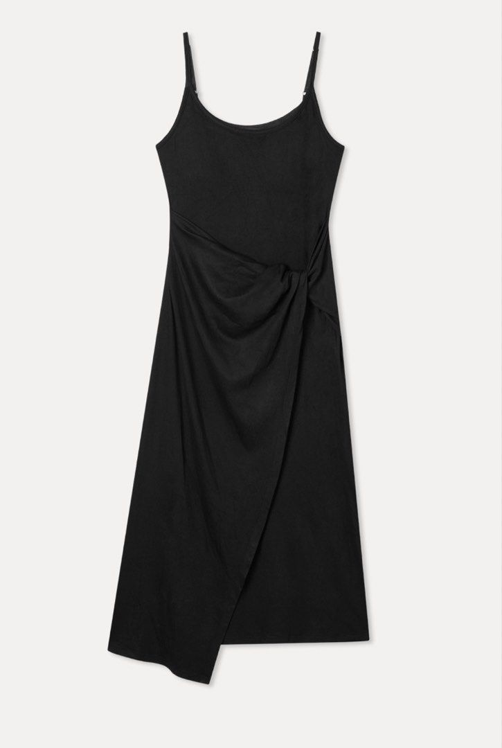 Black Draped Twisted Side Cotton Maxi Dress (Category: Dresses) located in Binan City. Submitted by myprelovedhaul (Listing ID 1468077474, Image 1). Description: Heavy thick fabric, adjustable strap fits xs to medium The image shows a black spaghetti-strap dress with a draped, twisted side detail.