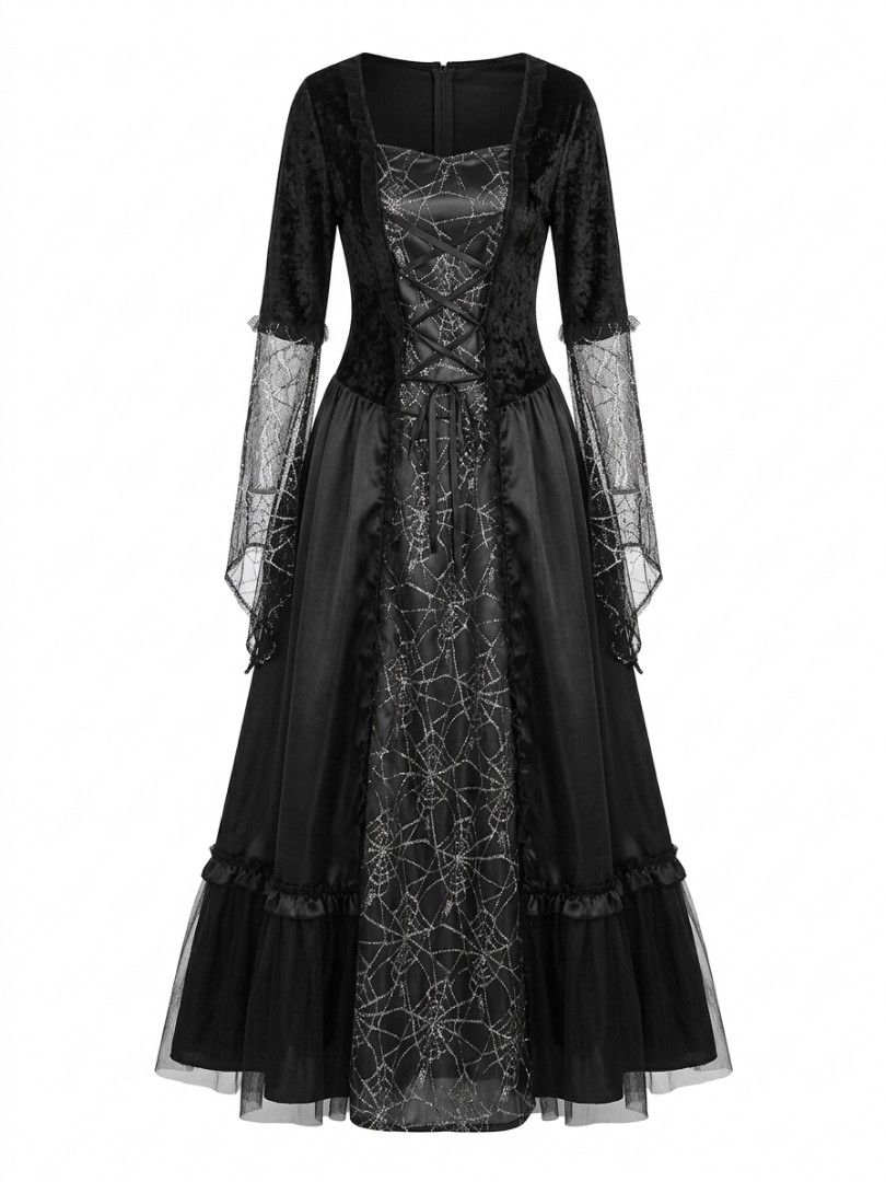 Black gothic spiderweb witch maxi dress (Category: Dresses) located in Caloocan City. Submitted by rb_17 (Listing ID 1468176523, Image 2). Description: - Size can fit to small to semi large adult Color: Black with silver spiderweb print - Material/Details: Velvet bodice with lace-up front - Sleeves: Long flared sleeves - Hem: Tiered, long length maxi style - Perfect for: Halloween costumes, gothic outfits, and themed events - Condition: Brand new