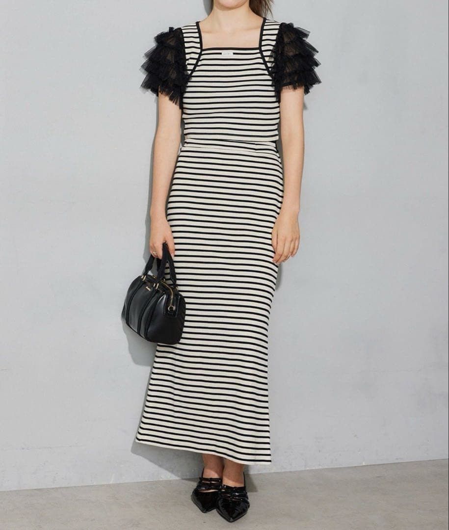 Black Horizontal Ruffled Trim Stripe Maxi Dress (Category: Dresses) located in Binan City. Submitted by myprelovedhaul (Listing ID 1468089827, Image 1). Description: This item is a black-and-white horizontal striped maxi dress featuring black ruffled or frilled cap sleeves..