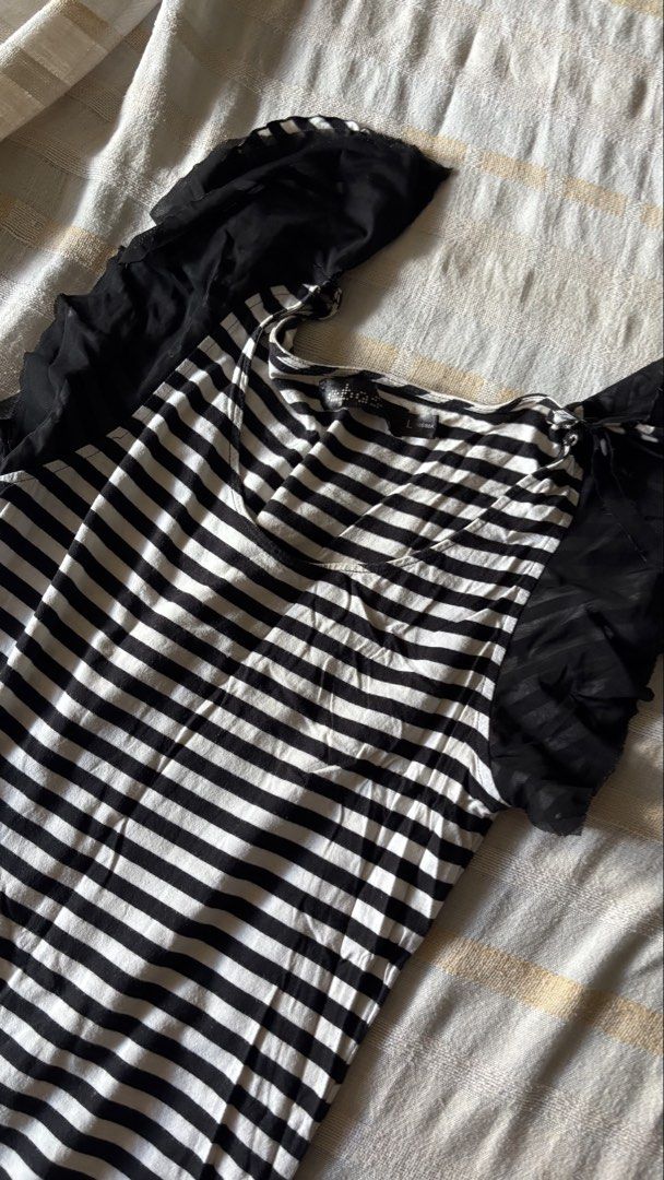 Black Horizontal Ruffled Trim Stripe Maxi Dress (Category: Dresses) located in Binan City. Submitted by myprelovedhaul (Listing ID 1468089827, Image 3). Description: This item is a black-and-white horizontal striped maxi dress featuring black ruffled or frilled cap sleeves..
