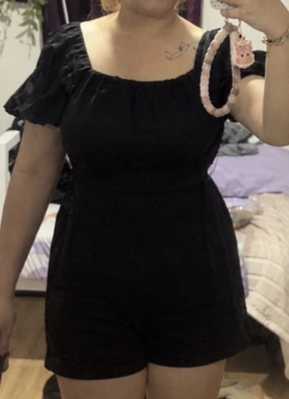 Black Puff Sleeve Square Neck Romper Playsuit (Category: Rompers) located in Quezon City. Submitted by kyjnll (Listing ID 1468159355, Image 2). Description: - Color: Black - Style: Short romper / one-piece - Neckline: Trendy square neckline - Sleeves: Short puff sleeves - Details: Gathered bust and cinched waist for a flattering fit - Bottom: Relaxed shorts - Best for: Casual outings, dates, and everyday wear Project 4/Cubao area.