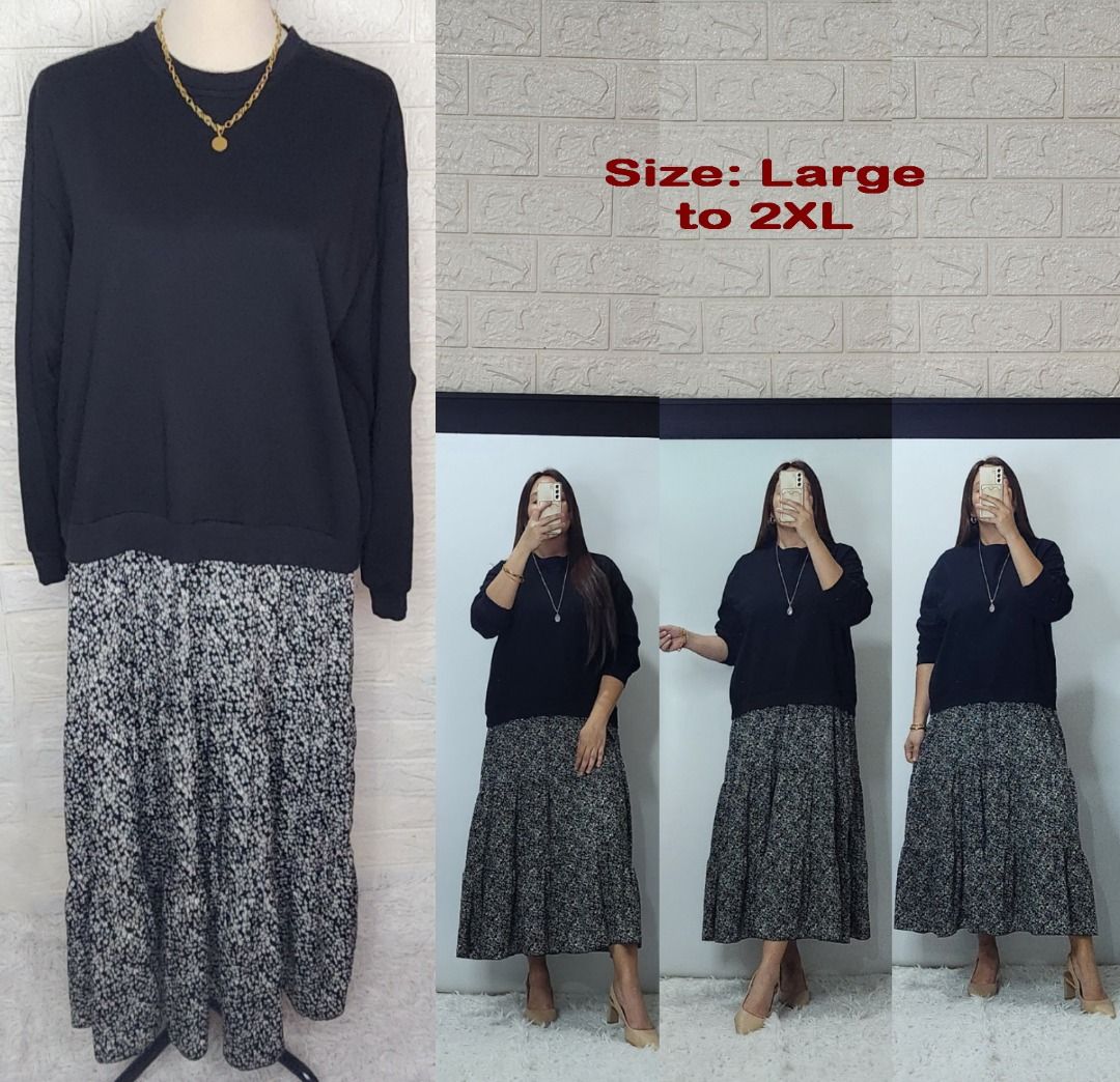 Black Pullover with Black Printed Skirt in 1 (Category: Sets or Coordinates) located in Quezon City. Submitted by graciejosue (Listing ID 1468083958, Image 1). Description: Rare piece apparel at a very reasonable price and great condition!!! Washed and ready to wear. - Style: Matching two-piece set with a plain black long-sleeve sweatshirt and a printed tiered maxi skirt in 1 - Size: Comfortably fits Large up to 2XL - Versatility: Easy to wear - 